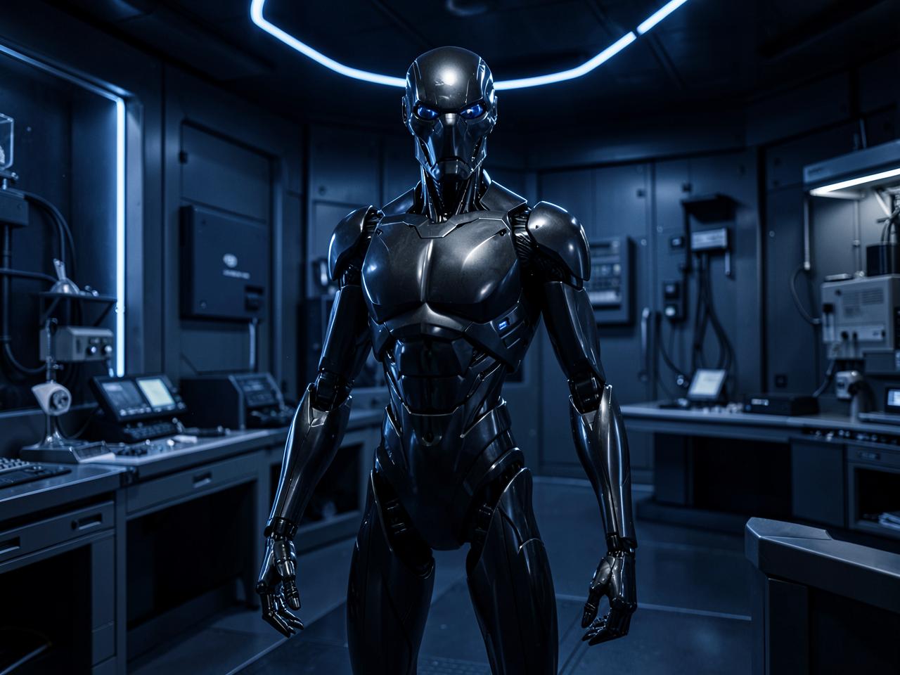 Student-built humanoid robot standing in the club workshop